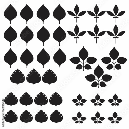 Silhouette Leaf Icons Collection for Nature and Botanical Projects Free Vector, Floral vector icons featuring a variety of flower types and designs showcasing nature in a minimalist style for design.
