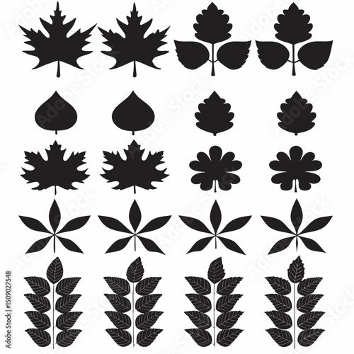 Silhouette Leaf Icons Collection for Nature and Botanical Projects Free Vector, Floral vector icons featuring a variety of flower types and designs showcasing nature in a minimalist style for design.