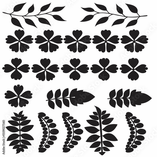 Silhouette Leaf Icons Collection for Nature and Botanical Projects Free Vector, Floral vector icons featuring a variety of flower types and designs showcasing nature in a minimalist style for design.
