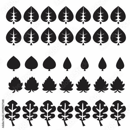 Silhouette Leaf Icons Collection for Nature and Botanical Projects Free Vector, Floral vector icons featuring a variety of flower types and designs showcasing nature in a minimalist style for design.
