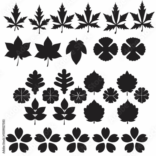 Silhouette Leaf Icons Collection for Nature and Botanical Projects Free Vector, Floral vector icons featuring a variety of flower types and designs showcasing nature in a minimalist style for design.
