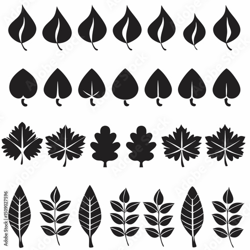 Silhouette Leaf Icons Collection for Nature and Botanical Projects Free Vector, Floral vector icons featuring a variety of flower types and designs showcasing nature in a minimalist style for design.