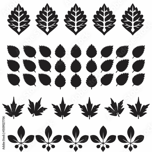 Silhouette Leaf Icons Collection for Nature and Botanical Projects Free Vector, Floral vector icons featuring a variety of flower types and designs showcasing nature in a minimalist style for design.
