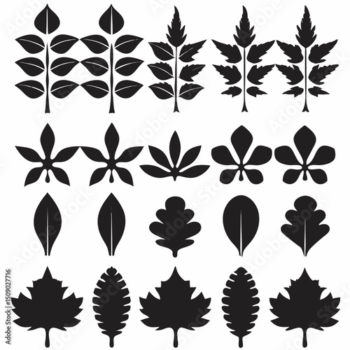 Silhouette Leaf Icons Collection for Nature and Botanical Projects Free Vector, Floral vector icons featuring a variety of flower types and designs showcasing nature in a minimalist style for design.
