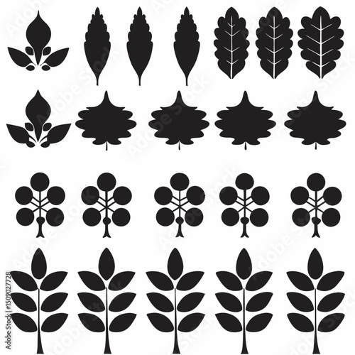 Silhouette Leaf Icons Collection for Nature and Botanical Projects Free Vector, Floral vector icons featuring a variety of flower types and designs showcasing nature in a minimalist style for design.