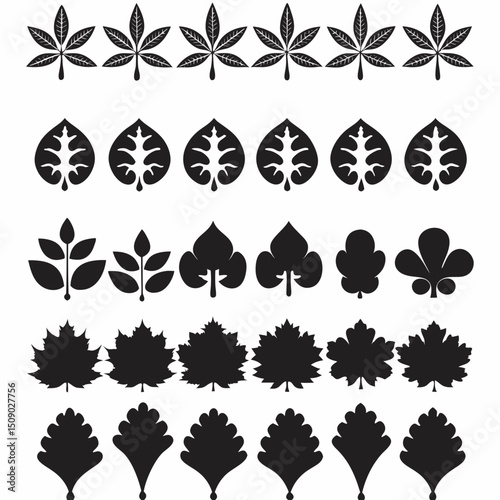 Silhouette Leaf Icons Collection for Nature and Botanical Projects Free Vector, Floral vector icons featuring a variety of flower types and designs showcasing nature in a minimalist style for design.