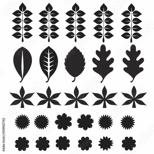 Silhouette Leaf Icons Collection for Nature and Botanical Projects Free Vector, Floral vector icons featuring a variety of flower types and designs showcasing nature in a minimalist style for design.