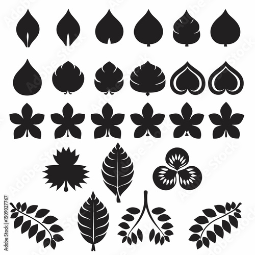 Silhouette Leaf Icons Collection for Nature and Botanical Projects Free Vector, Floral vector icons featuring a variety of flower types and designs showcasing nature in a minimalist style for design.