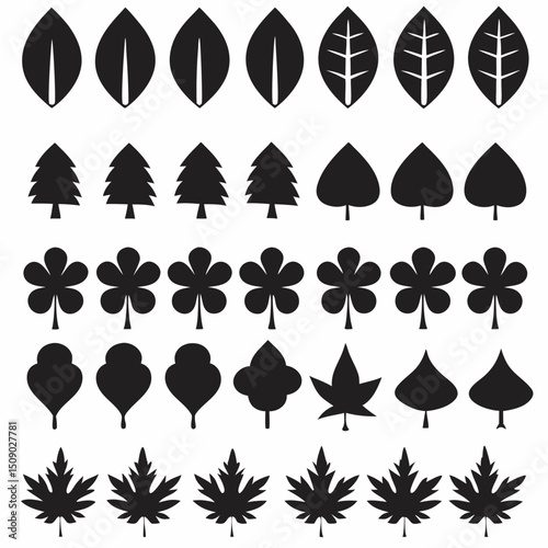 Silhouette Leaf Icons Collection for Nature and Botanical Projects Free Vector, Floral vector icons featuring a variety of flower types and designs showcasing nature in a minimalist style for design.