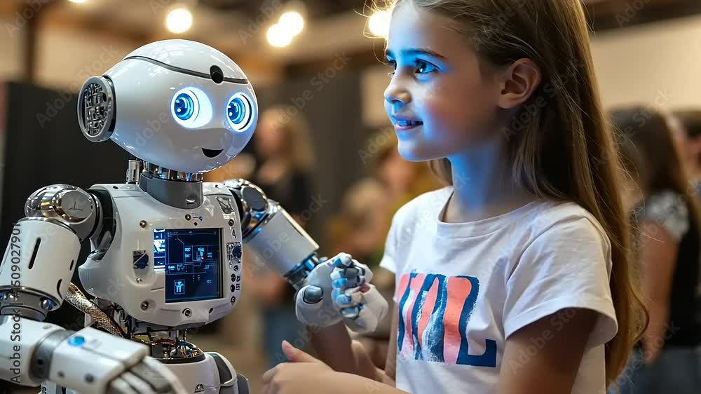 Young girl interacting with a friendly robot at a tech event, surrounded by amazed onlookers
