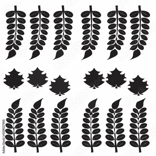 Silhouette Leaf Icons Collection for Nature and Botanical Projects Free Vector, Floral vector icons featuring a variety of flower types and designs showcasing nature in a minimalist style for design.