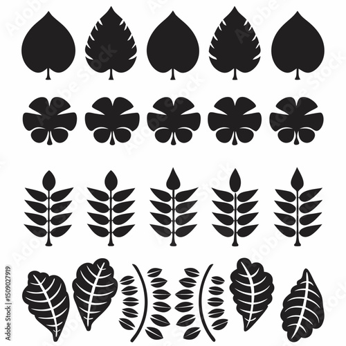 Silhouette Leaf Icons Collection for Nature and Botanical Projects Free Vector, Floral vector icons featuring a variety of flower types and designs showcasing nature in a minimalist style for design.