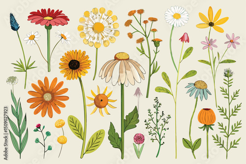 A vibrant vector illustration showcases a seamless pattern of diverse flowers and grass, perfect for spring and summer floral designs