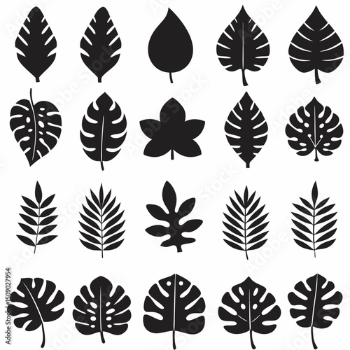 Silhouette Leaf Icons Collection for Nature and Botanical Projects Free Vector, Floral vector icons featuring a variety of flower types and designs showcasing nature in a minimalist style for design.