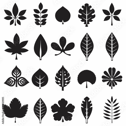 Silhouette Leaf Icons Collection for Nature and Botanical Projects Free Vector, Floral vector icons featuring a variety of flower types and designs showcasing nature in a minimalist style for design.