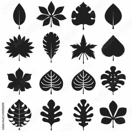 Silhouette Leaf Icons Collection for Nature and Botanical Projects Free Vector, Floral vector icons featuring a variety of flower types and designs showcasing nature in a minimalist style for design.