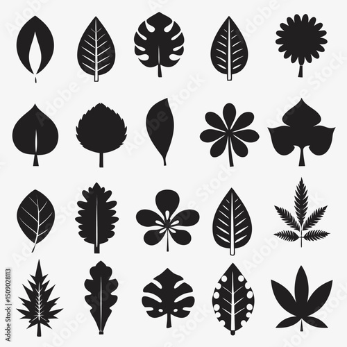 Silhouette Leaf Icons Collection for Nature and Botanical Projects Free Vector, Floral vector icons featuring a variety of flower types and designs showcasing nature in a minimalist style for design.