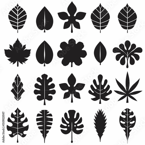 Silhouette Leaf Icons Collection for Nature and Botanical Projects Free Vector, Floral vector icons featuring a variety of flower types and designs showcasing nature in a minimalist style for design.