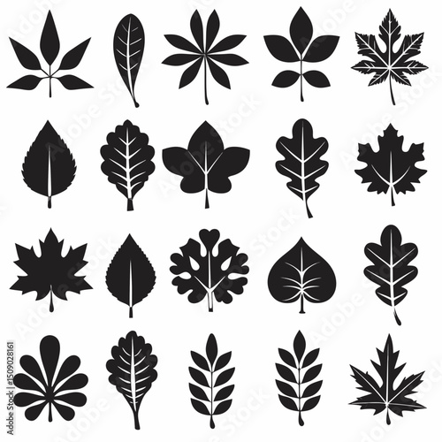 Silhouette Leaf Icons Collection for Nature and Botanical Projects Free Vector, Floral vector icons featuring a variety of flower types and designs showcasing nature in a minimalist style for design.