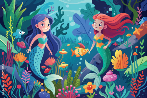 Mermaid fairy illustration with fish, underwater world map, girl, woman, flower hair, abstract beauty, and fantasy cartoon drawing