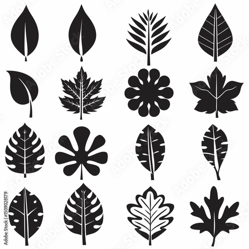 Silhouette Leaf Icons Collection for Nature and Botanical Projects Free Vector, Floral vector icons featuring a variety of flower types and designs showcasing nature in a minimalist style for design.