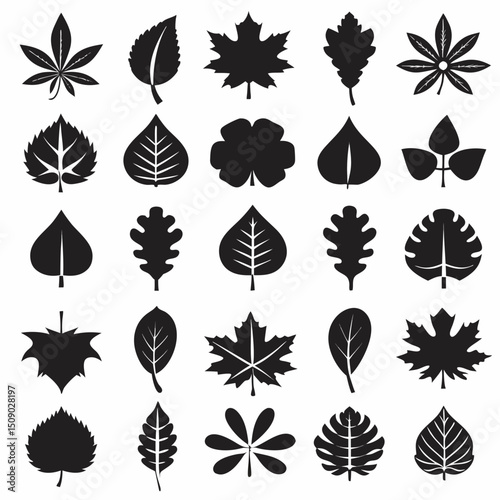 Silhouette Leaf Icons Collection for Nature and Botanical Projects Free Vector, Floral vector icons featuring a variety of flower types and designs showcasing nature in a minimalist style for design.