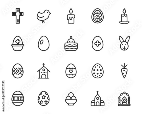 Easter icons vector set of easter eggs bunny church cross and candle thin line style design elements vector