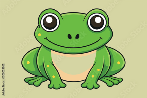 A cute, funny green cartoon frog illustration of a baby amphibian with big eyes sitting happily on a leaf in the wild