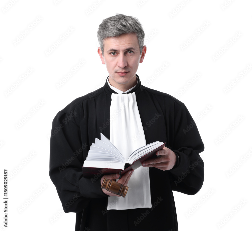 Judge with mallet and book on white background Judge with mallet and book on white background
