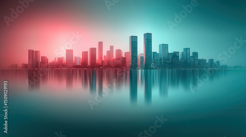 Vibrant city skyline reflecting in calm waters, showcasing modern architecture with blend of red and teal hues, creating serene atmosphere