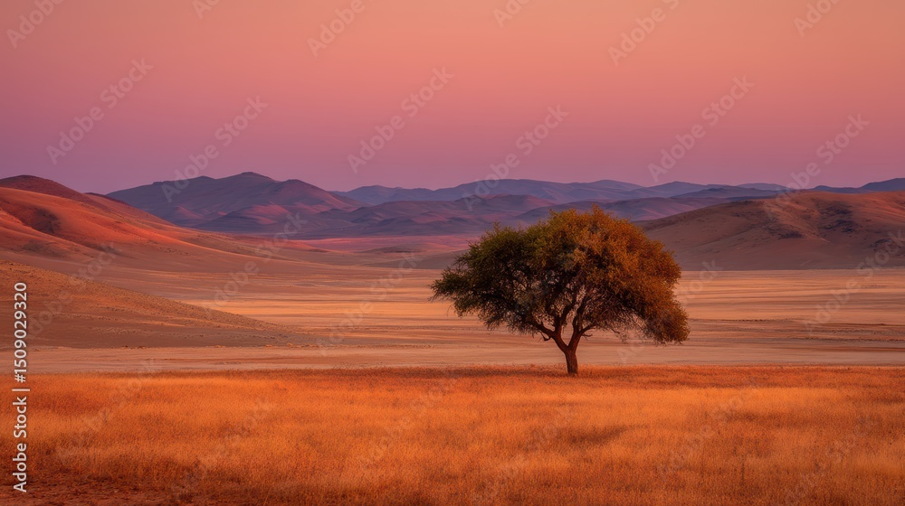 Obraz premium solitary acacia tree at golden hour with red-orange sky and distant desert hills