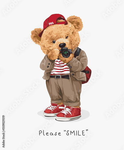 smile slogan with cute bear doll photographer vector illustration created by hand drawn