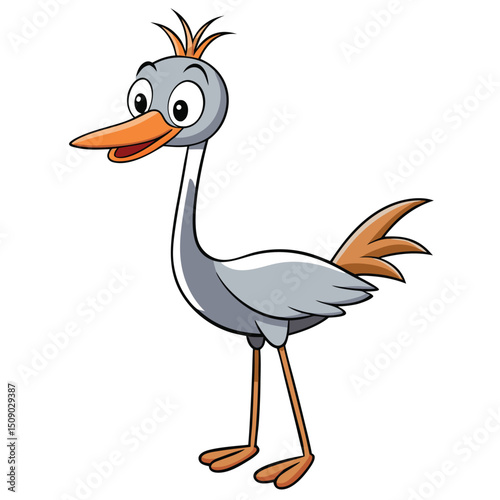 Amusing cartoon crane with gray feathers and orange beak gazes whimsically on isolated background
