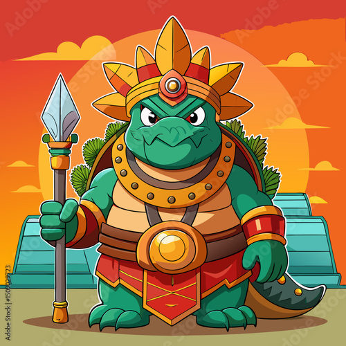 Cartoon Aztec Warrior Turtle with Spear at Sunset