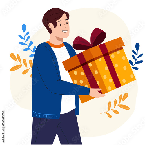 Man holding gift box in hands. Young man presenting wrapped present. Celebration, birthday, anniversary, holiday concept for greeting card.