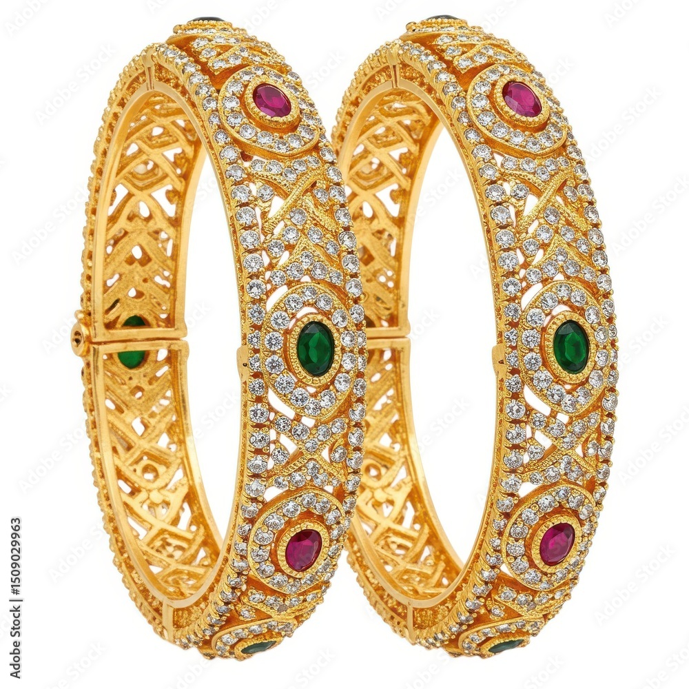 Obraz premium Two golden bangles isolated on white background with gems
