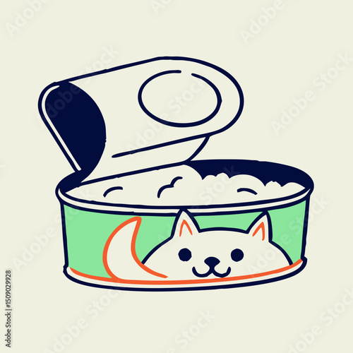 Cute Cat in Opened Can of Pet Food Illustration