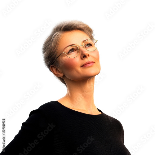 Attractive older woman in eyeglasses looking up, cut out transparent