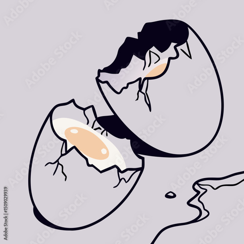 Cracked Eggshell with Yolk, Minimalist Illustration