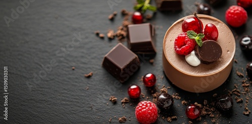 Bakery treats include a tasty, cream-filled chocolate mini cake with dragee, set against a blank background for text