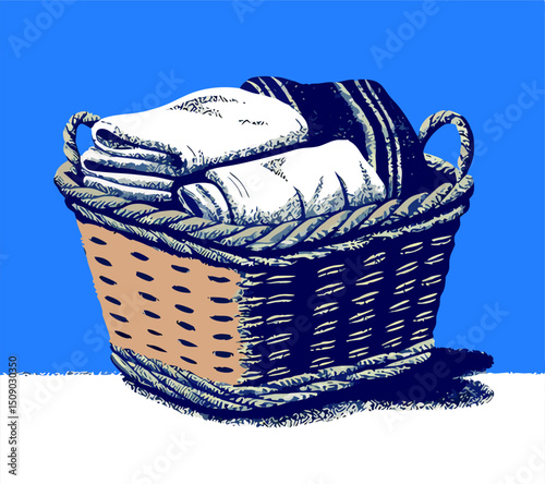 Laundry Basket with Folded Clothes, Home Cleaning Illustration