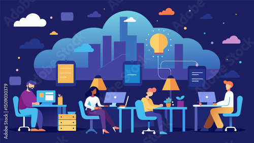A bustling office space with glowing clouds of binary code hovering over busy employees as they work on various projects powered by big data.. Vector illustration