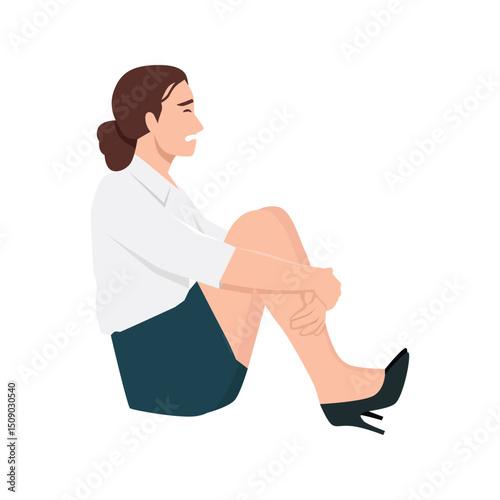 Woman sits on the ground, visibly uncomfortable and holding her leg, indicating distress. Flat vector illustration isolated on white background