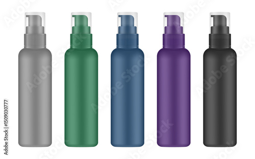 Set of tall cosmetic bottles with pump. Dispenser. Gray, green, navy blue, purple and black containers. Liquid soap or shampoo.