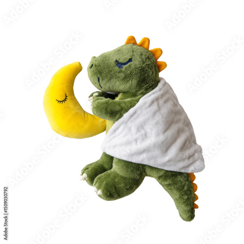 Adorable sleeping plush dinosaur with transparent background kids room decor soft toy cozy environment playful viewpoint