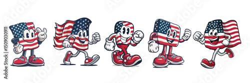 America stars and stripes cartoon mascot character with expressive faces and gestures