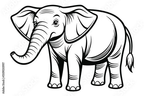 Isolated on a white background, a large gray elephant stands, a magnificent wild mammal of nature