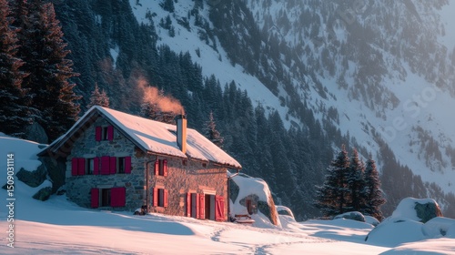 alpine cottage with red shutters in snowy evening light, chimney smoke rising