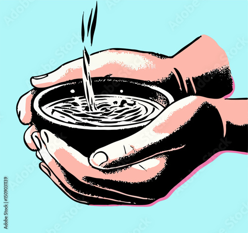 Hands Holding Bowl Filling with Water Illustration