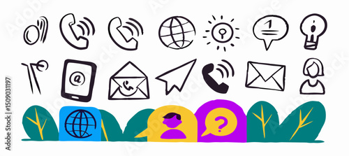 Hand-drawn Contact Us Icons: Email, Phone, Web